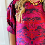 Puff Sleeves Jacquard Print Dress -Magenta Mix