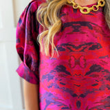 Puff Sleeves Jacquard Print Dress -Magenta Mix