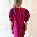 Puff Sleeves Jacquard Print Dress -Magenta Mix