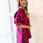 Puff Sleeves Jacquard Print Dress -Magenta Mix