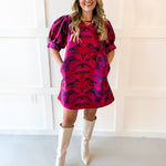 Puff Sleeves Jacquard Print Dress -Magenta Mix