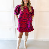 Puff Sleeves Jacquard Print Dress -Magenta Mix