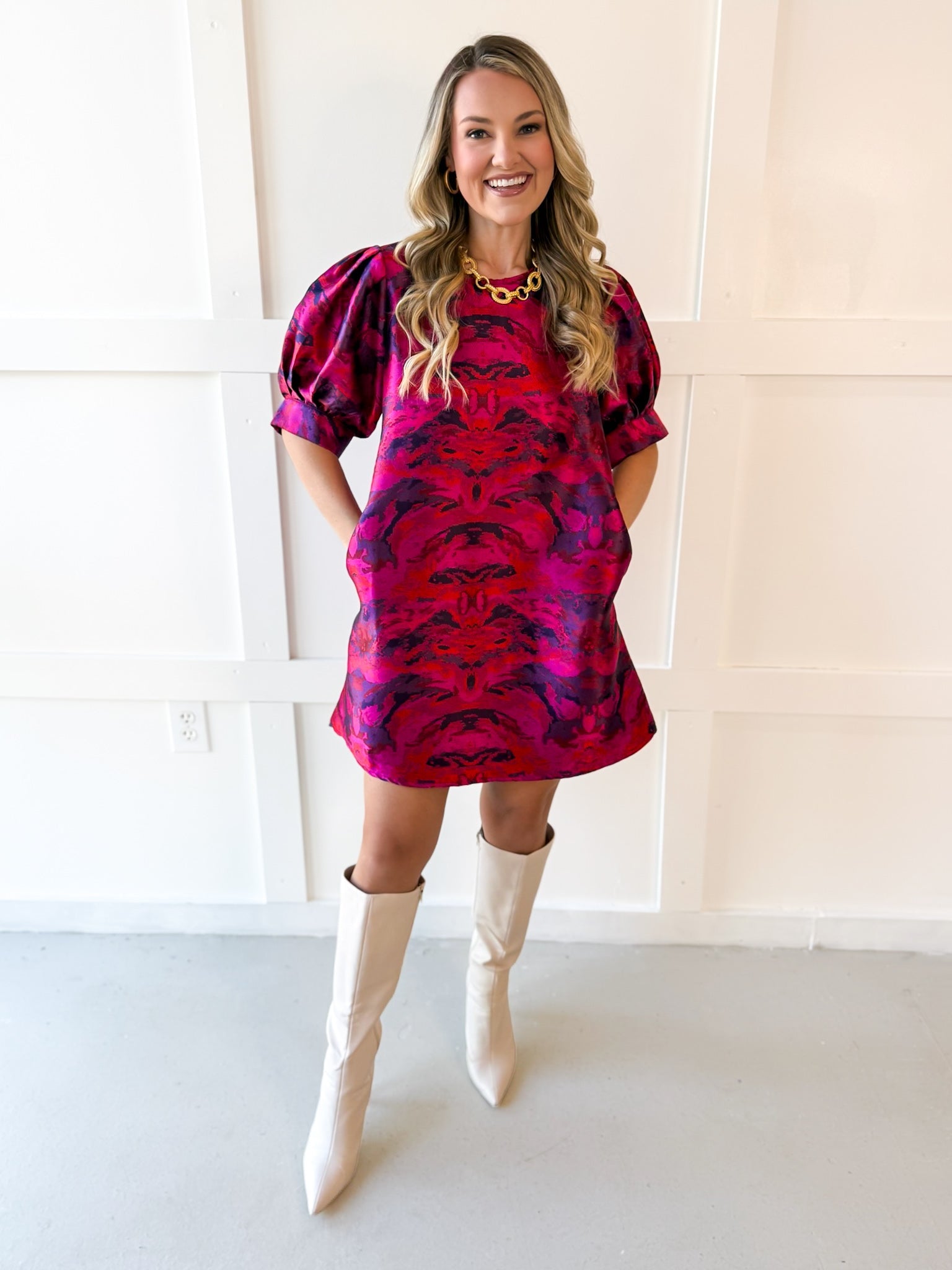 Puff Sleeves Jacquard Print Dress -Magenta Mix