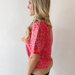 Puff Sleeves Leopard Knit Top - Pink