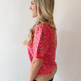Puff Sleeves Leopard Knit Top - Pink