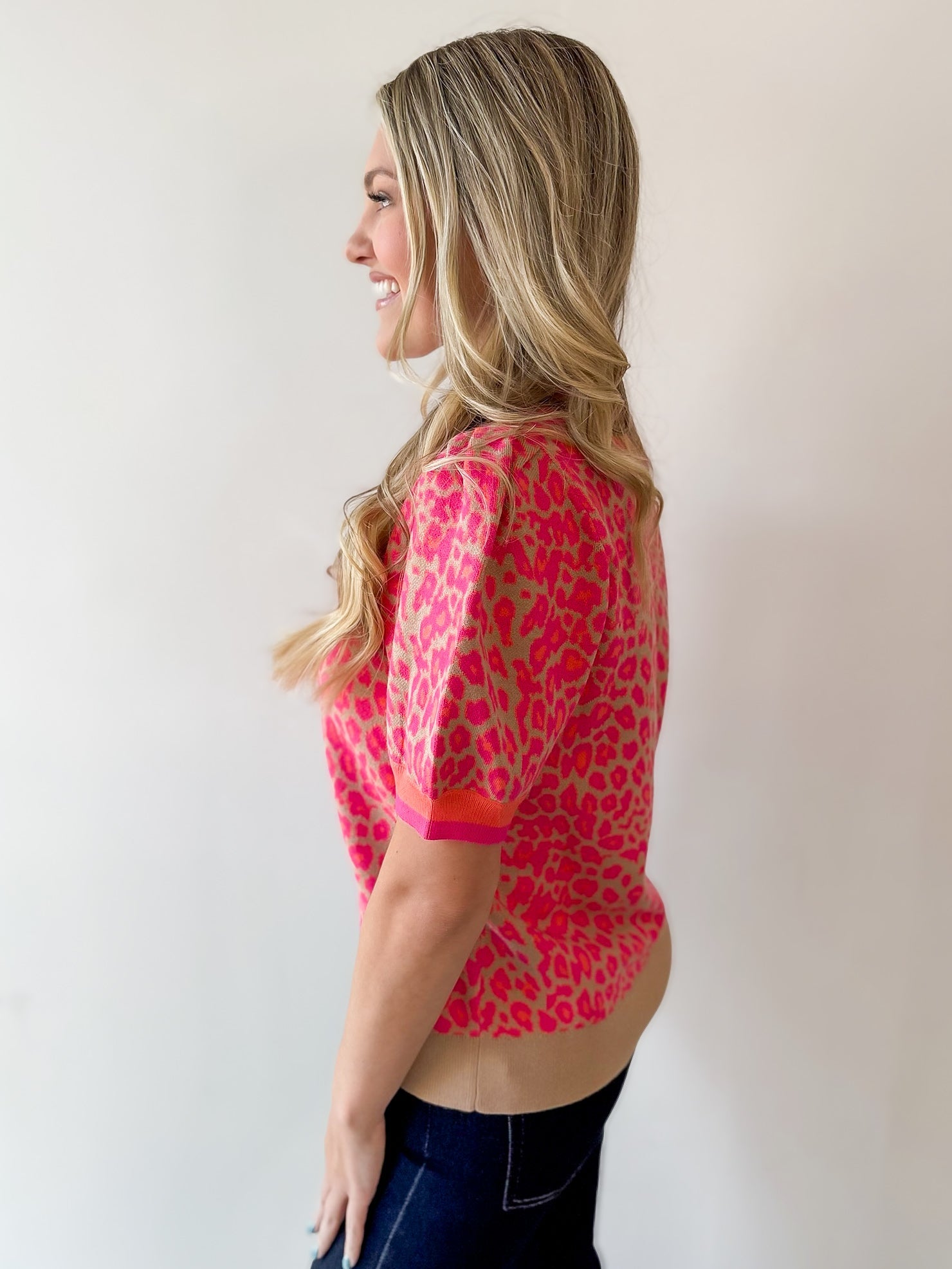 Puff Sleeves Leopard Knit Top - Pink