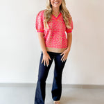 Puff Sleeves Leopard Knit Top - Pink