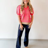 Puff Sleeves Leopard Knit Top - Pink