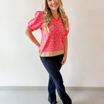 Puff Sleeves Leopard Knit Top - Pink