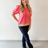 Puff Sleeves Leopard Knit Top - Pink