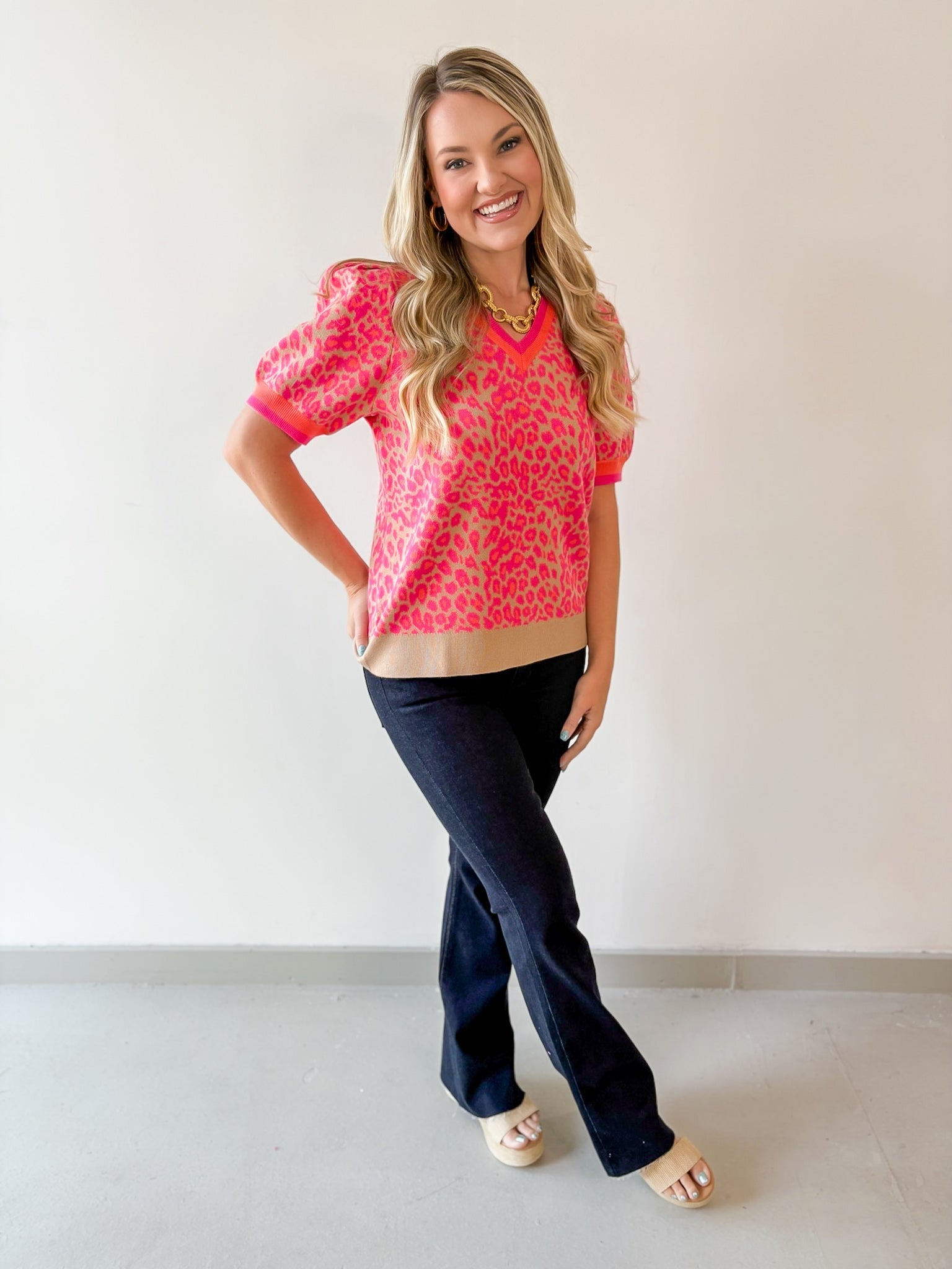 Puff Sleeves Leopard Knit Top - Pink