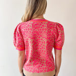 Puff Sleeves Leopard Knit Top - Pink