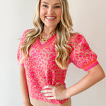 Puff Sleeves Leopard Knit Top - Pink