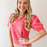 Puff Sleeves Leopard Knit Top - Pink