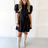 Pull Waist Pleated Mini Dress - Black