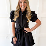 Pull Waist Pleated Mini Dress - Black