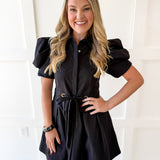 Pull Waist Pleated Mini Dress - Black