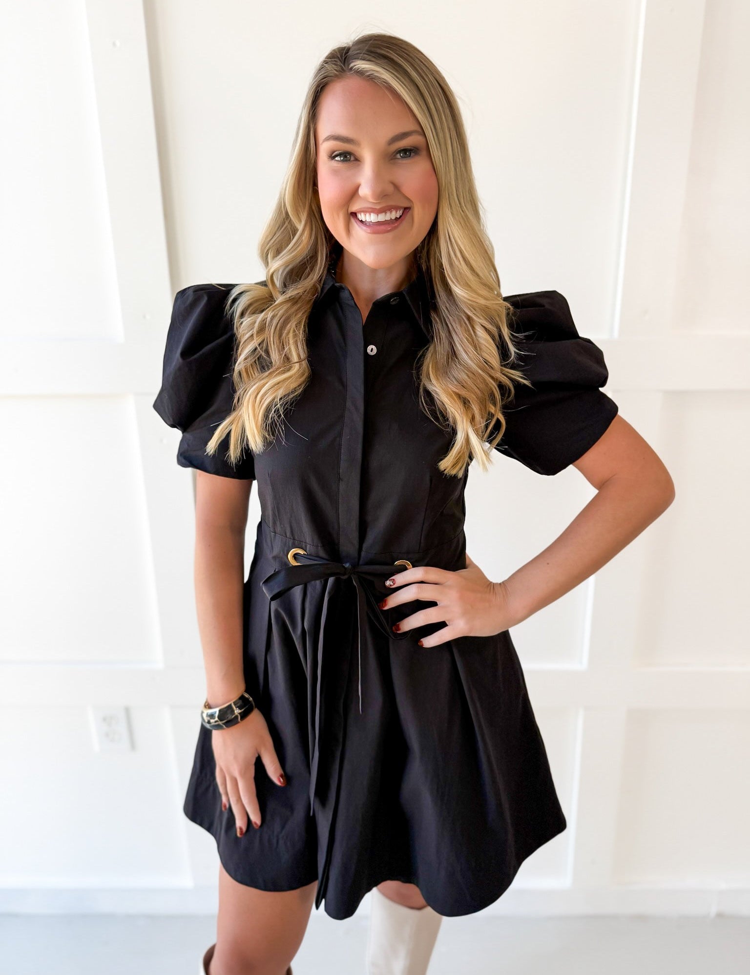 Pull Waist Pleated Mini Dress - Black