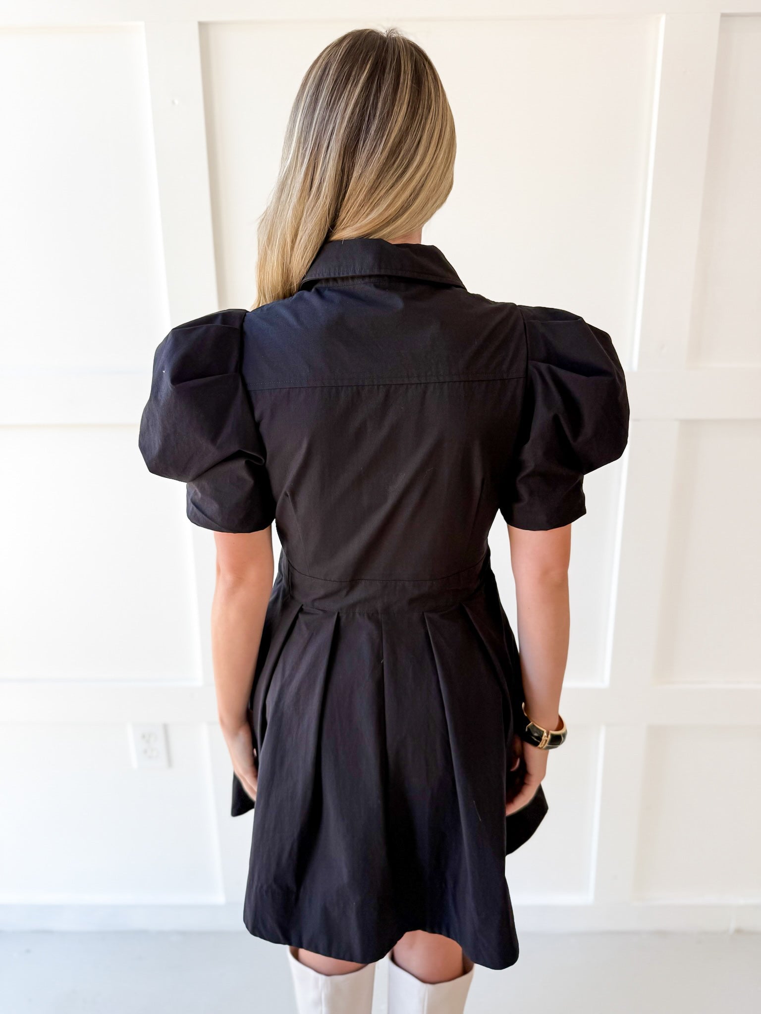 Pull Waist Pleated Mini Dress - Black