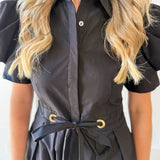 Pull Waist Pleated Mini Dress - Black