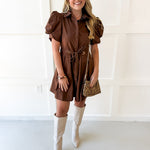 Pull Waist Pleated Mini Dress - Chocolate