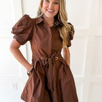 Pull Waist Pleated Mini Dress - Chocolate