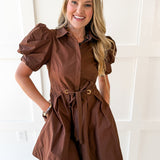 Pull Waist Pleated Mini Dress - Chocolate