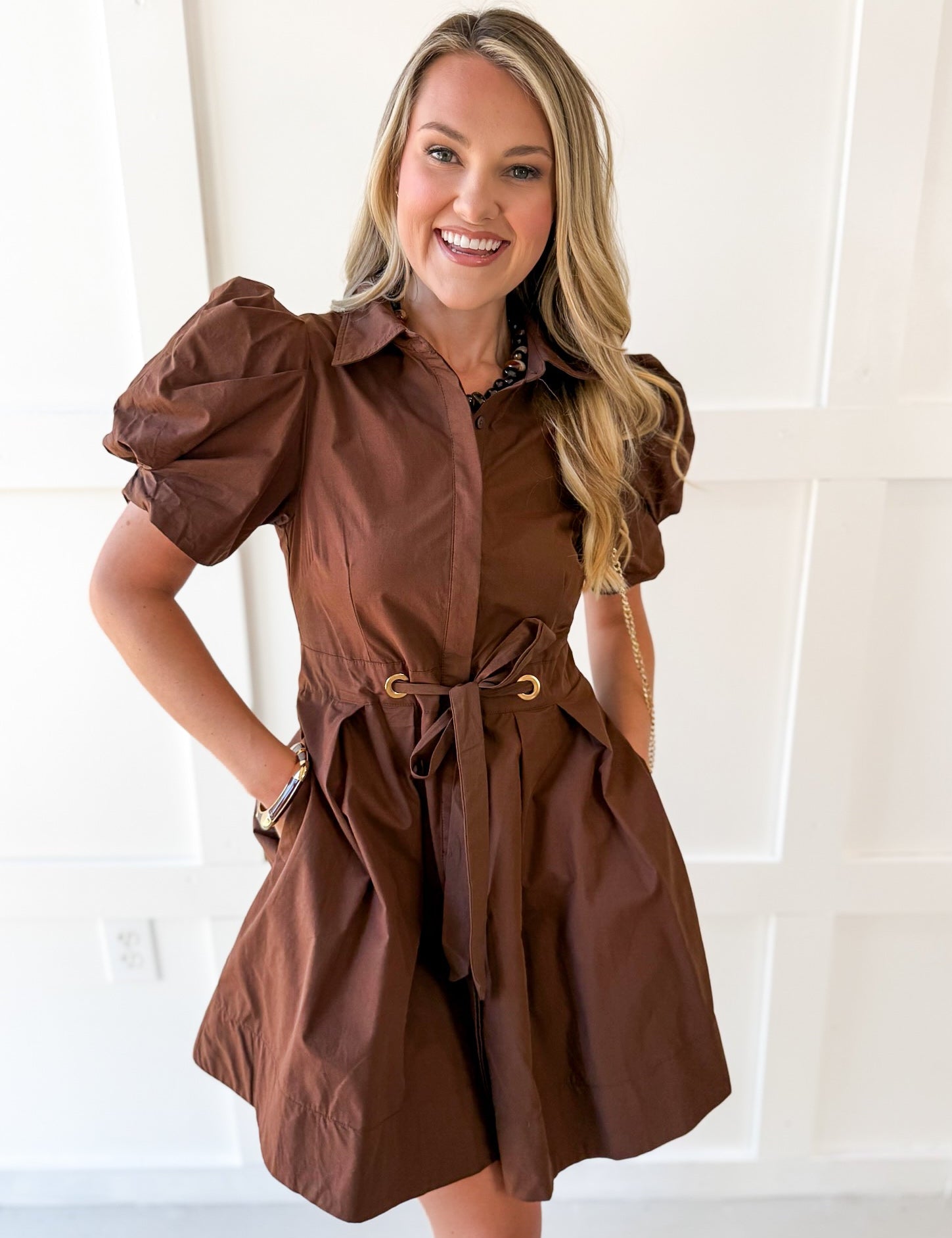 Pull Waist Pleated Mini Dress - Chocolate