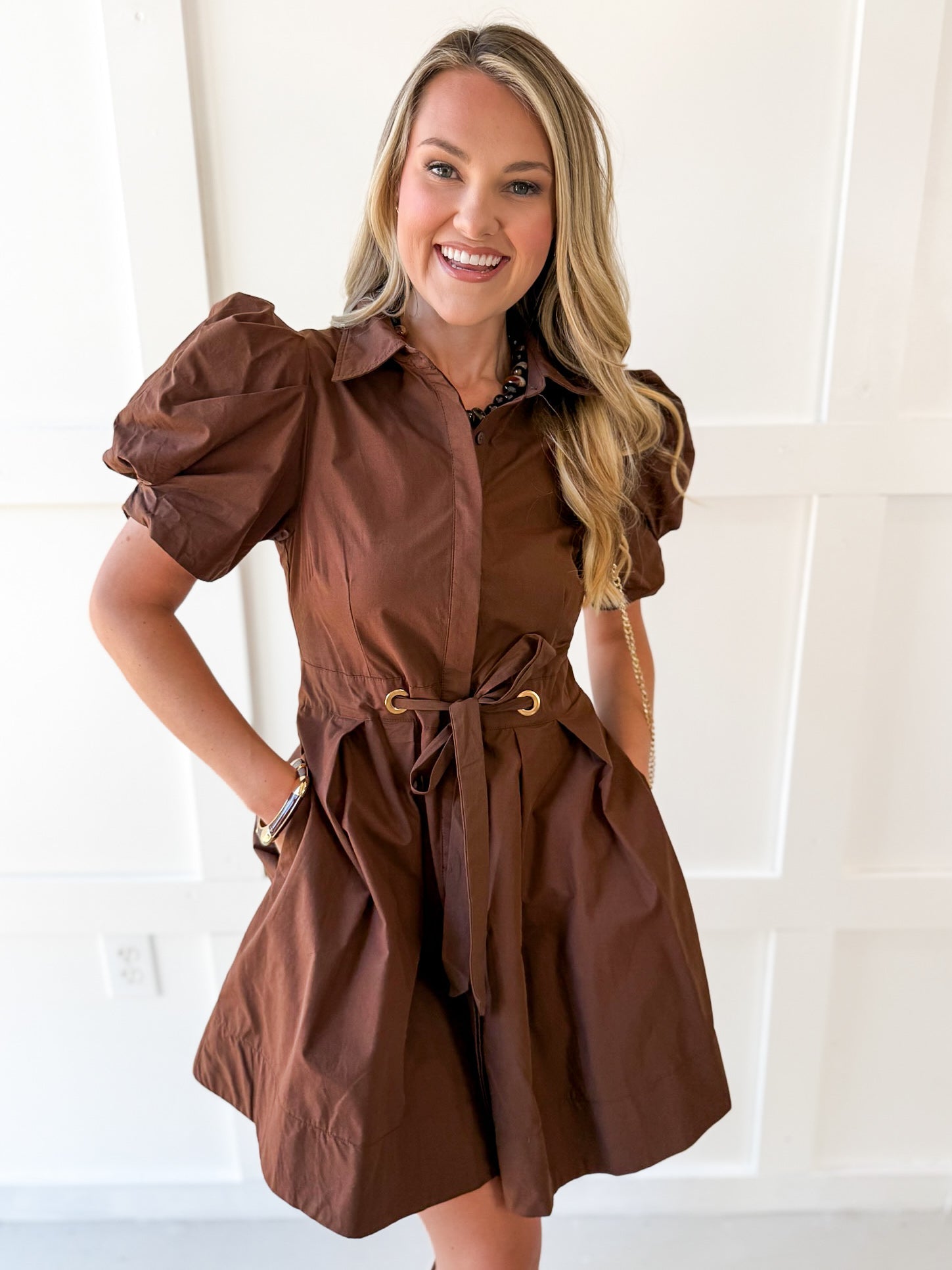 Pull Waist Pleated Mini Dress - Chocolate
