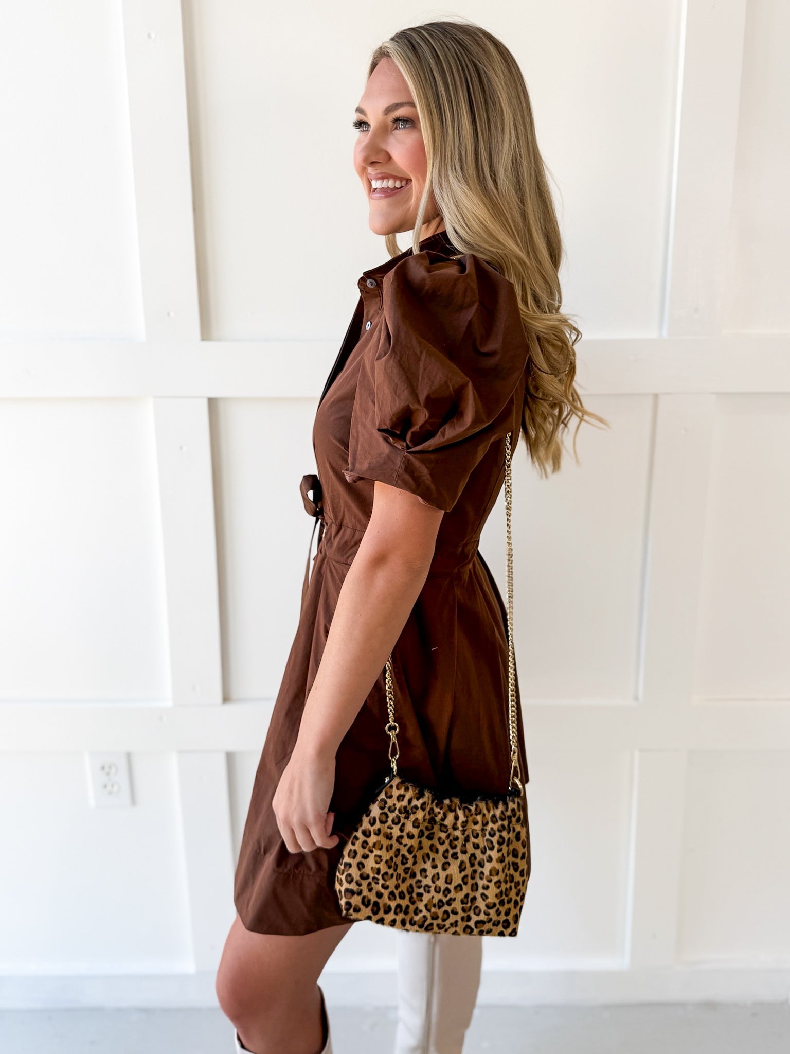 Pull Waist Pleated Mini Dress - Chocolate