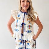 Quilted Embroidered Top & Short Set - Navy