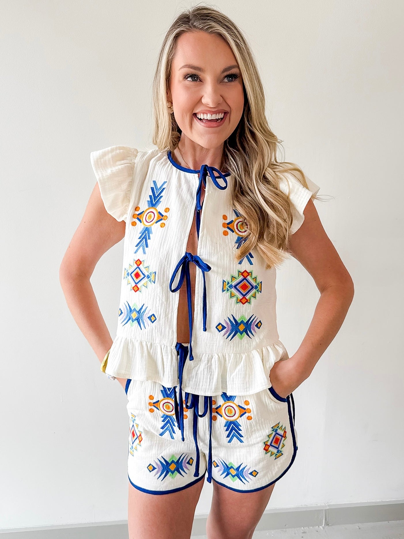 Quilted Embroidered Top & Short Set - Navy