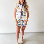 Quilted Embroidered Top & Short Set - Navy