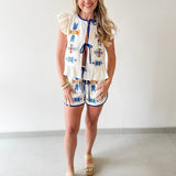 Quilted Embroidered Top & Short Set - Navy