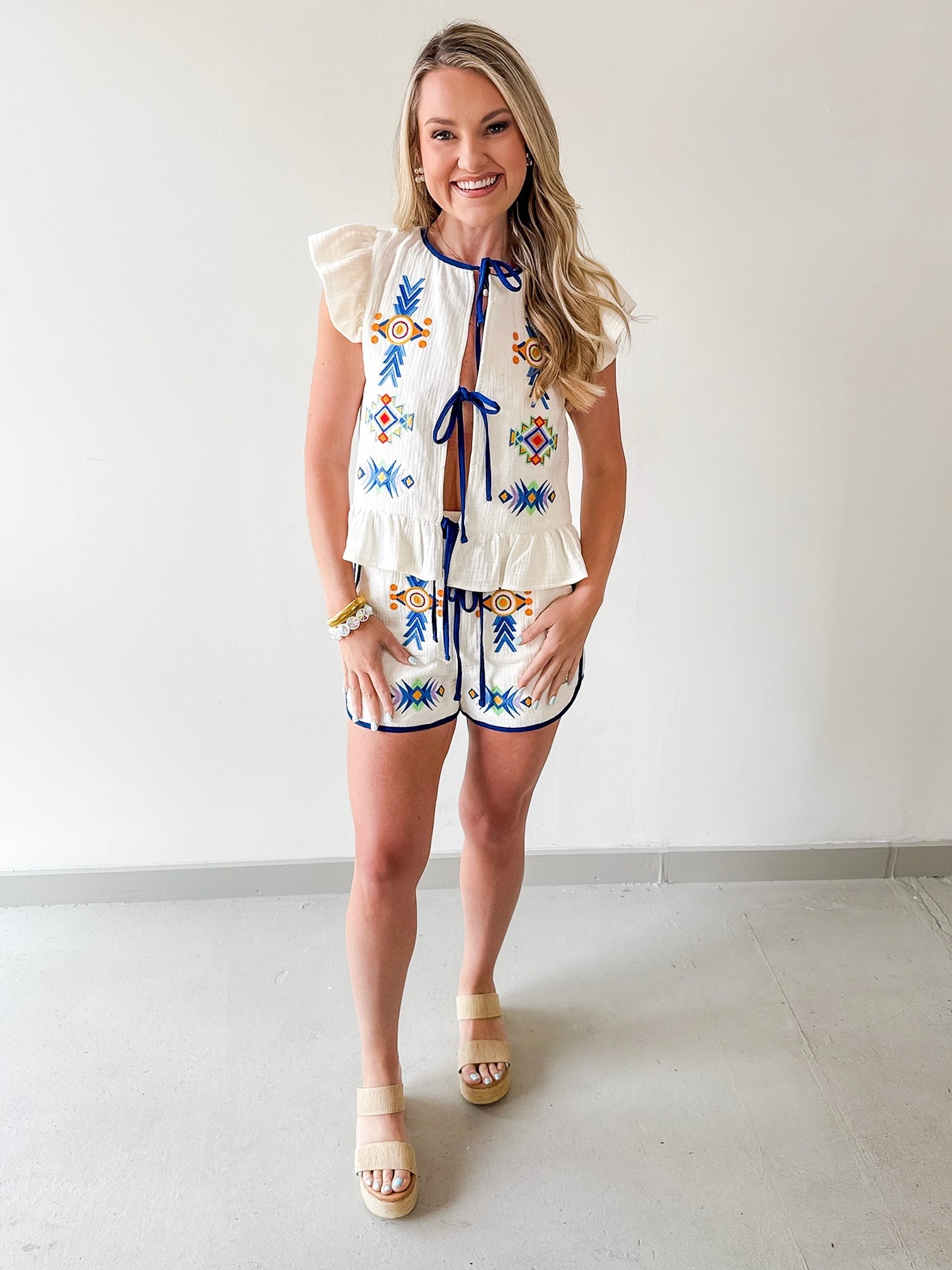 Quilted Embroidered Top & Short Set - Navy