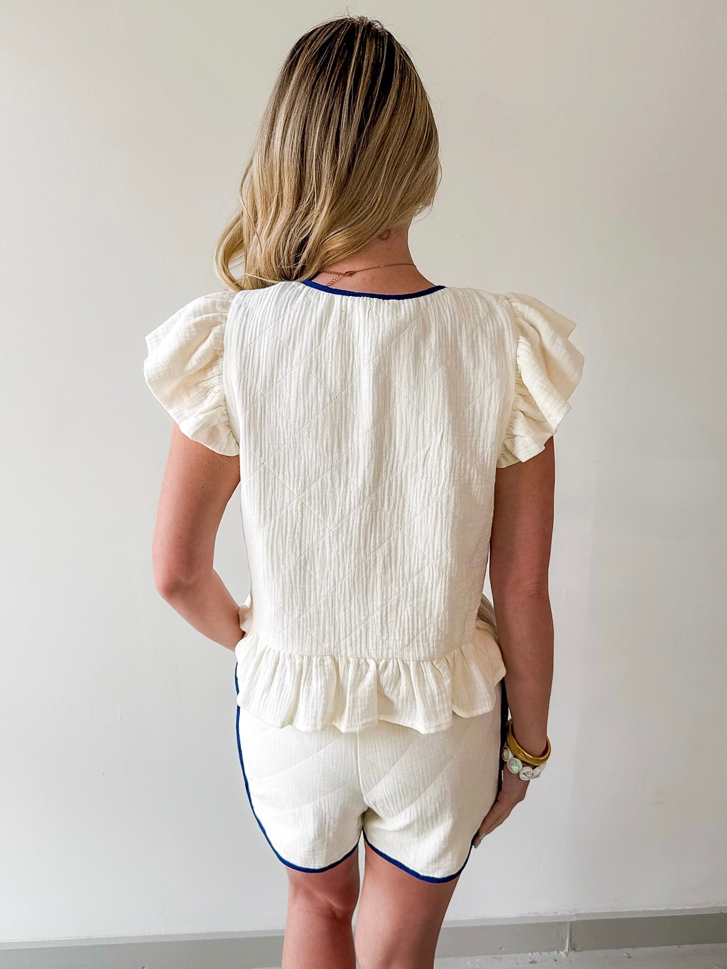 Quilted Embroidered Top & Short Set - Navy