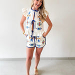 Quilted Embroidered Top & Short Set - Navy