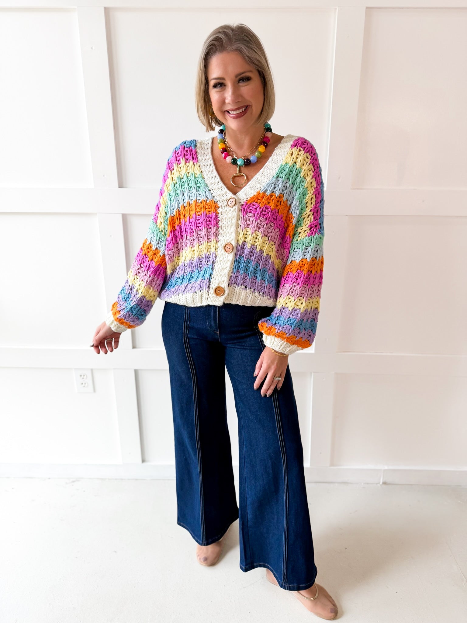 Rainbow Contrast Knit Cardigan