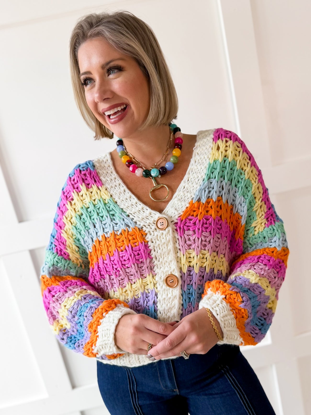 Rainbow Contrast Knit Cardigan