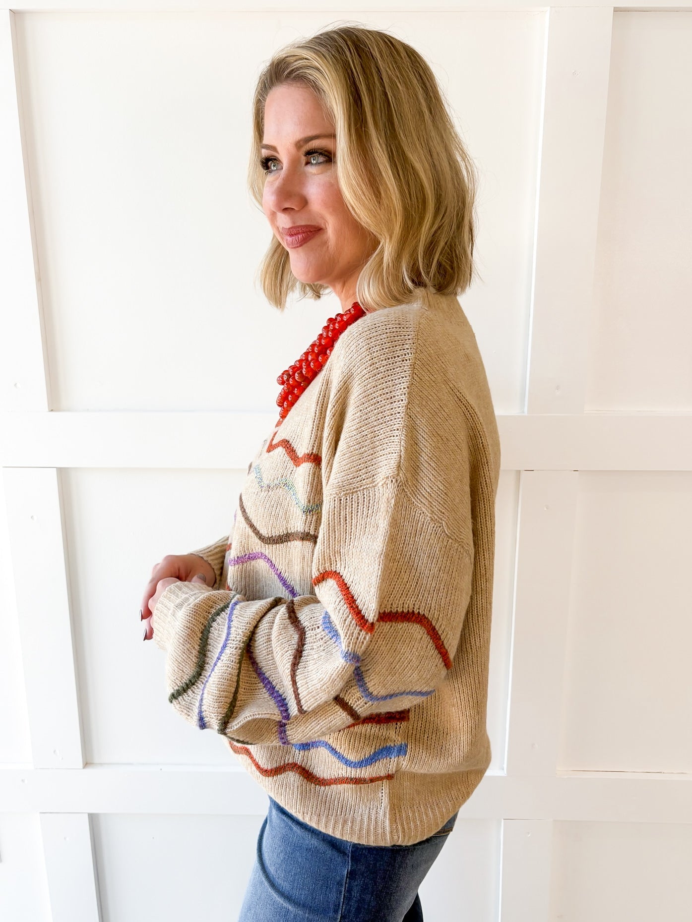 Rainbow Zig Zag Knit Sweater- Khaki