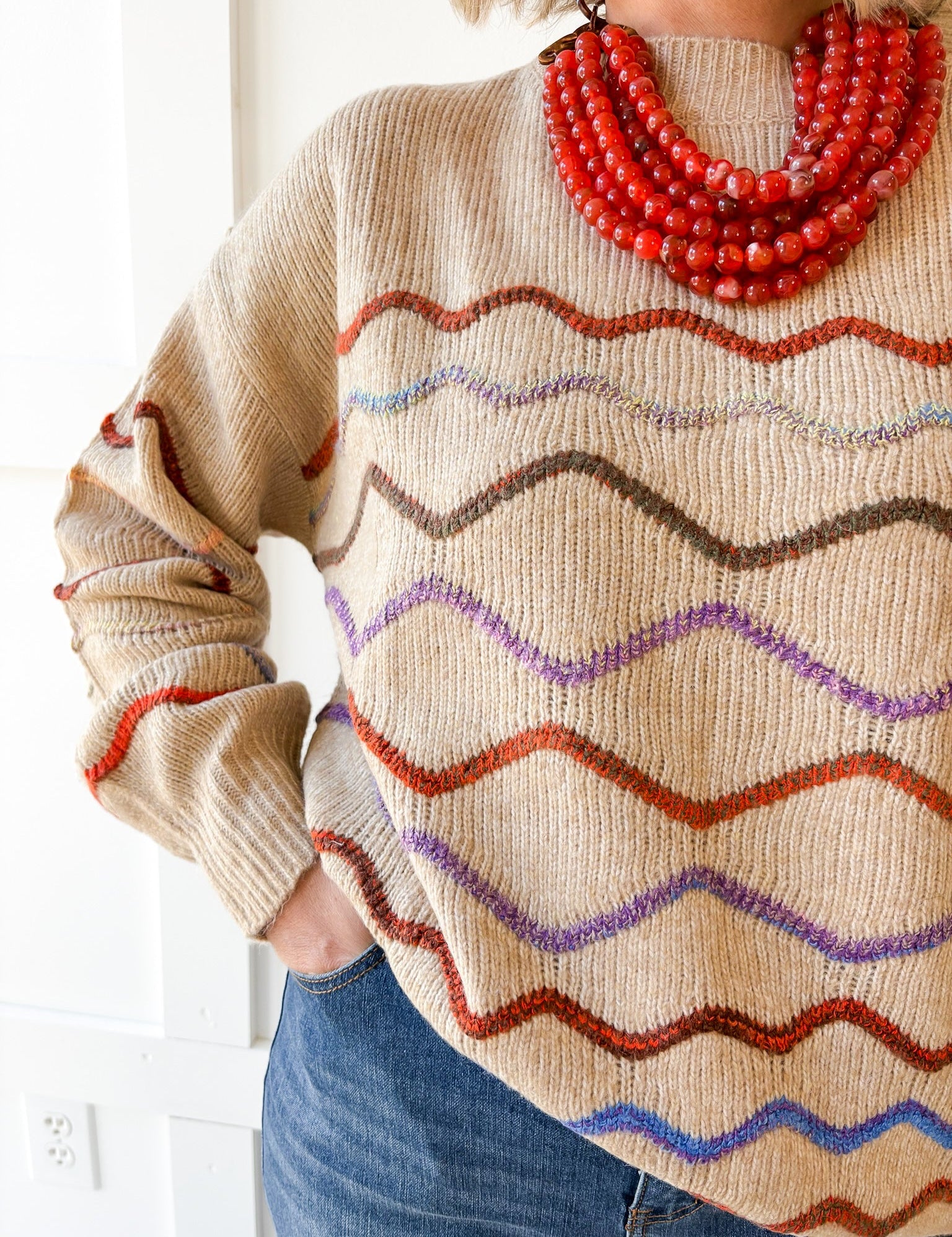 Rainbow Zig Zag Knit Sweater- Khaki