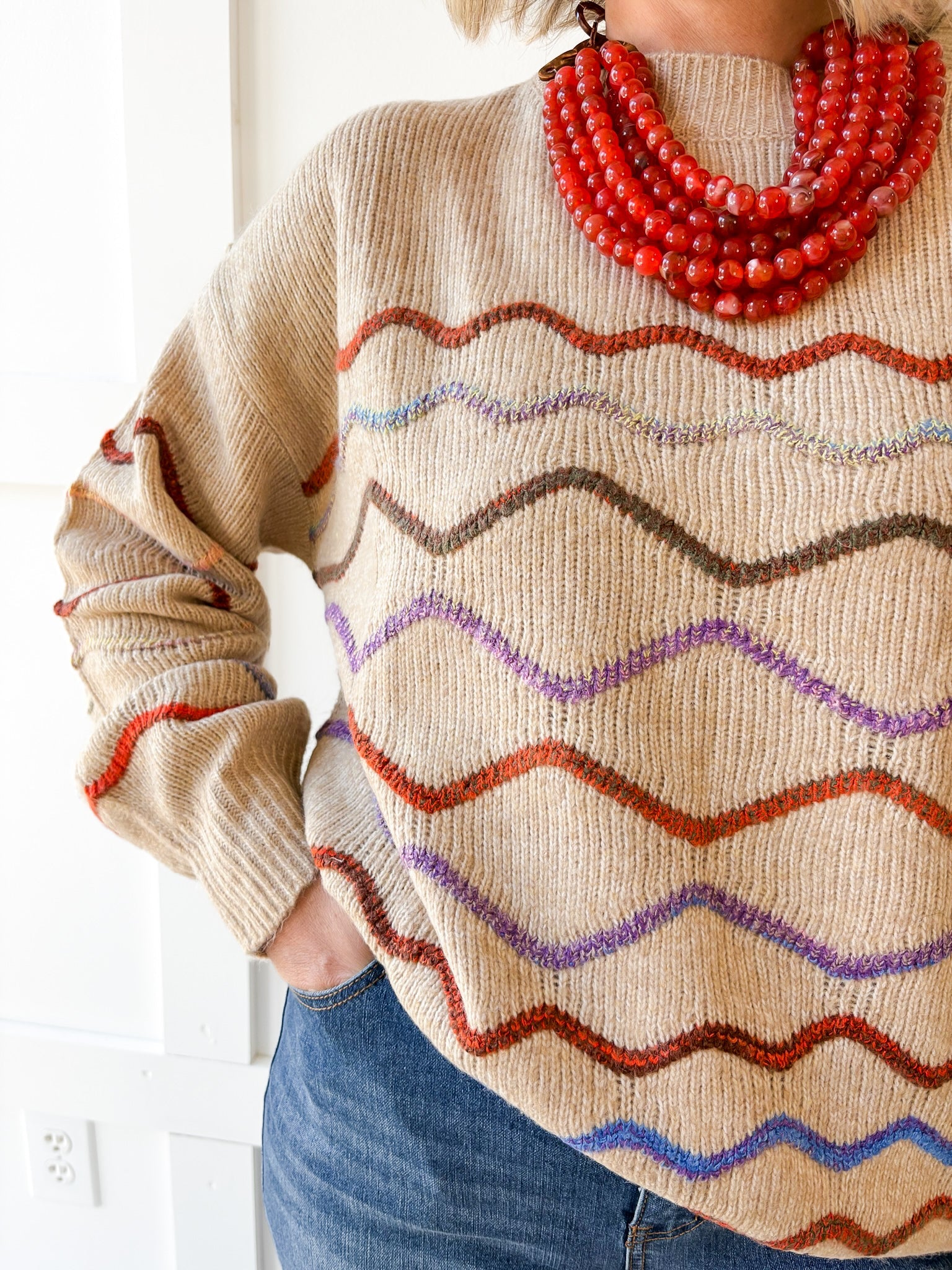 Rainbow Zig Zag Knit Sweater- Khaki