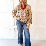 Rainbow Zig Zag Knit Sweater- Khaki