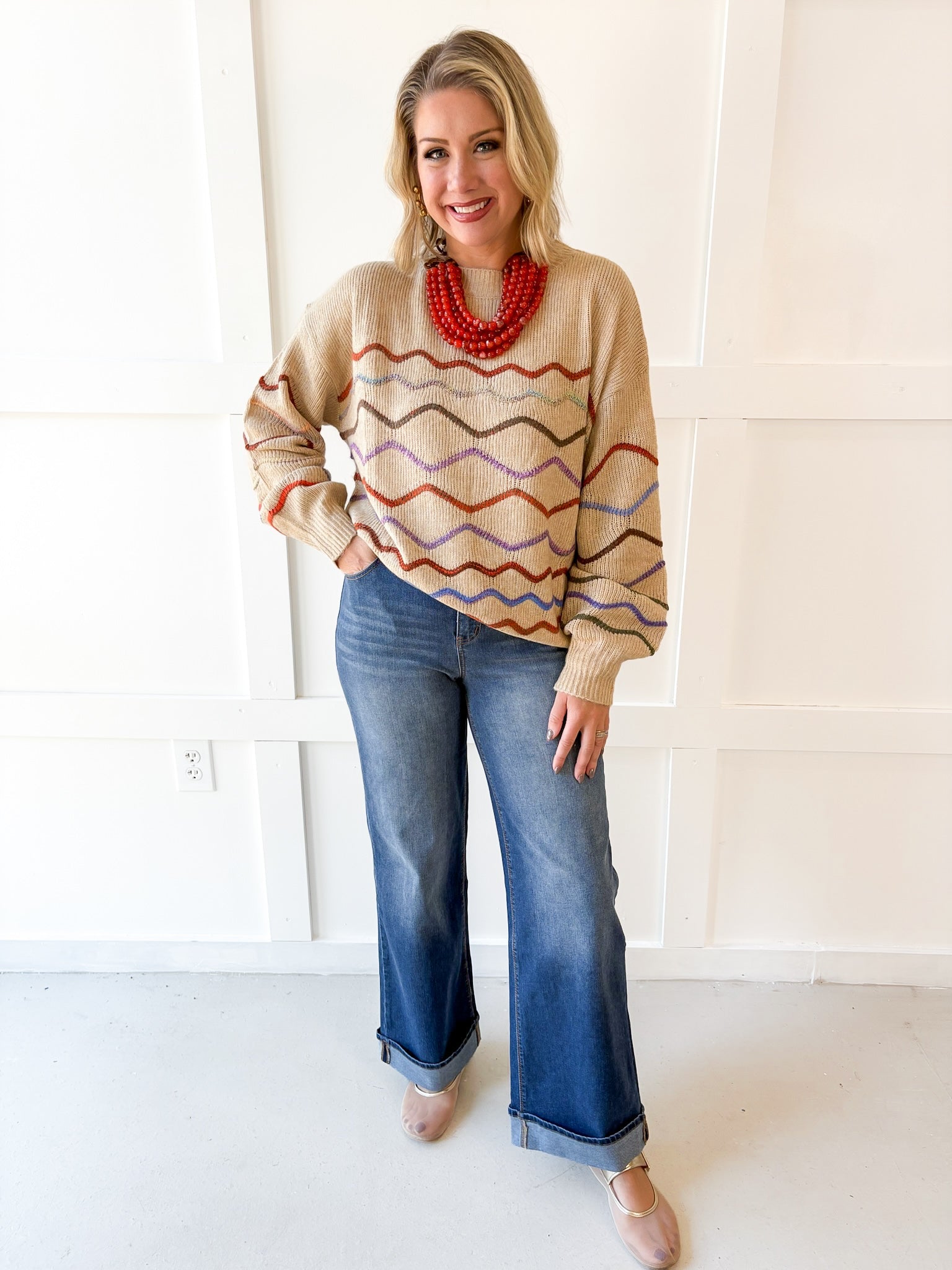 Rainbow Zig Zag Knit Sweater- Khaki