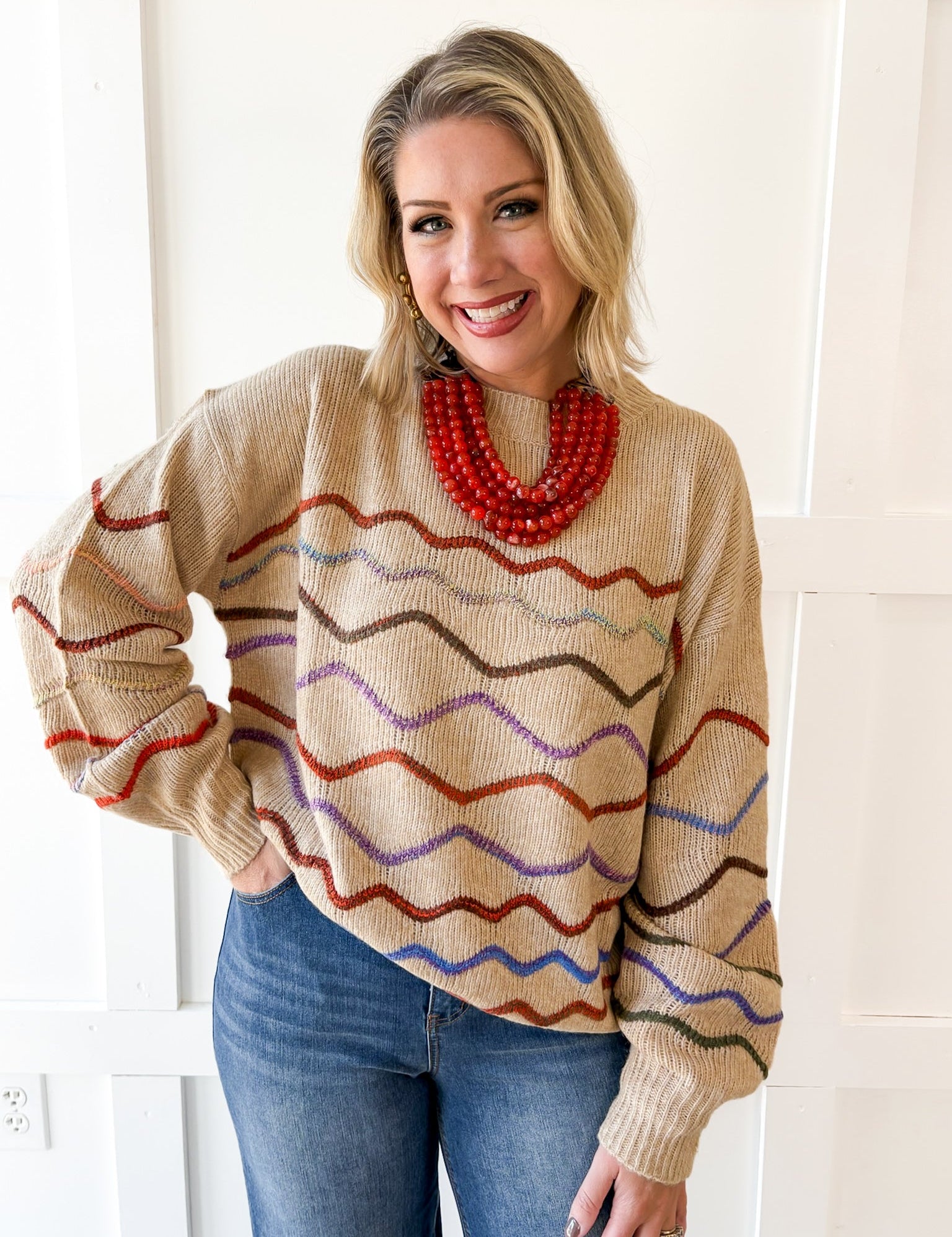 Rainbow Zig Zag Knit Sweater- Khaki
