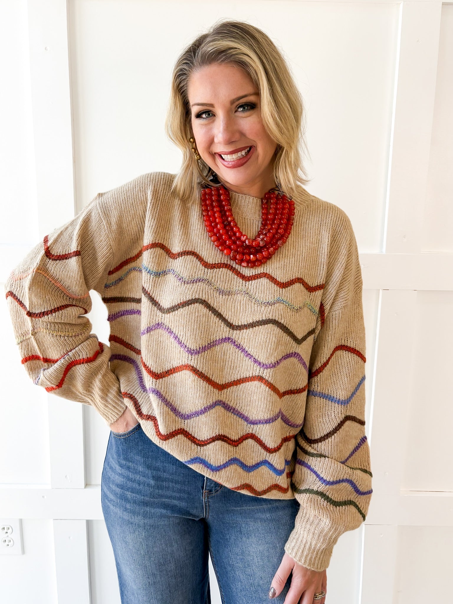 Rainbow Zig Zag Knit Sweater- Khaki