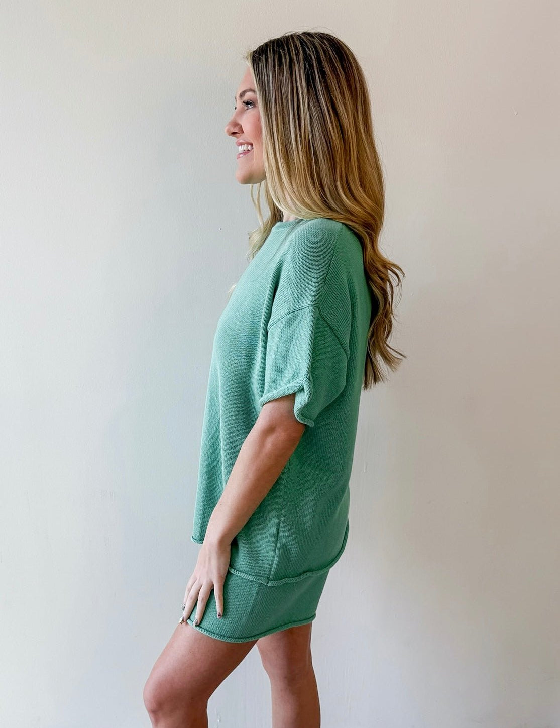 Raw Edge Sweater & Shorts Set - Mint