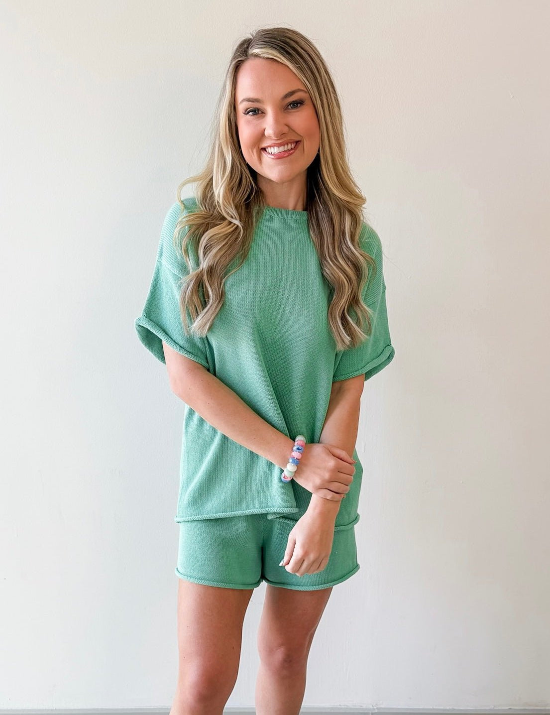 Raw Edge Sweater & Shorts Set - Mint