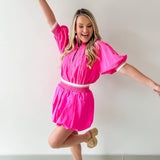 Rib Top & Bubble Skort Set - Hot Pink