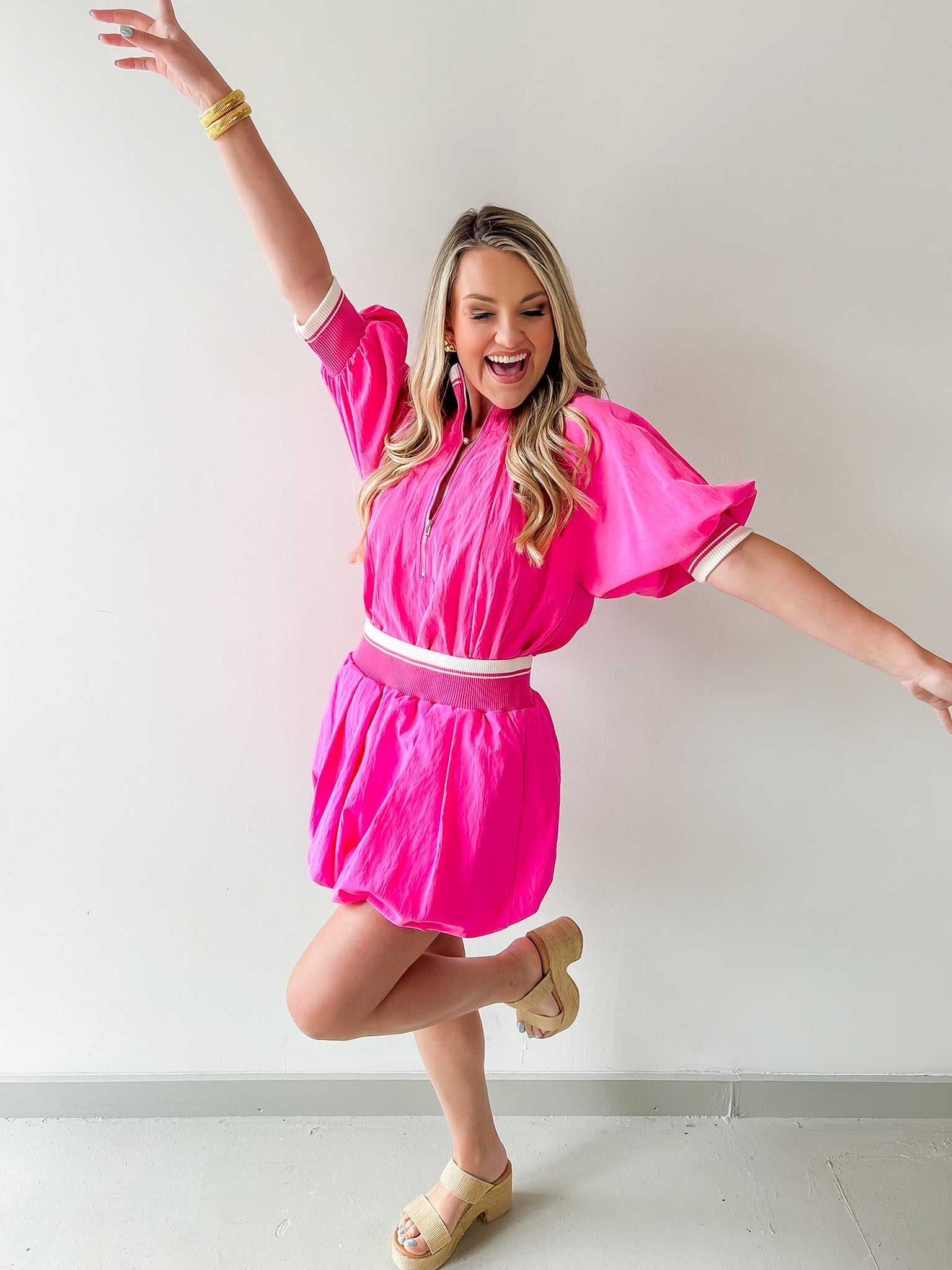 Rib Top & Bubble Skort Set - Hot Pink